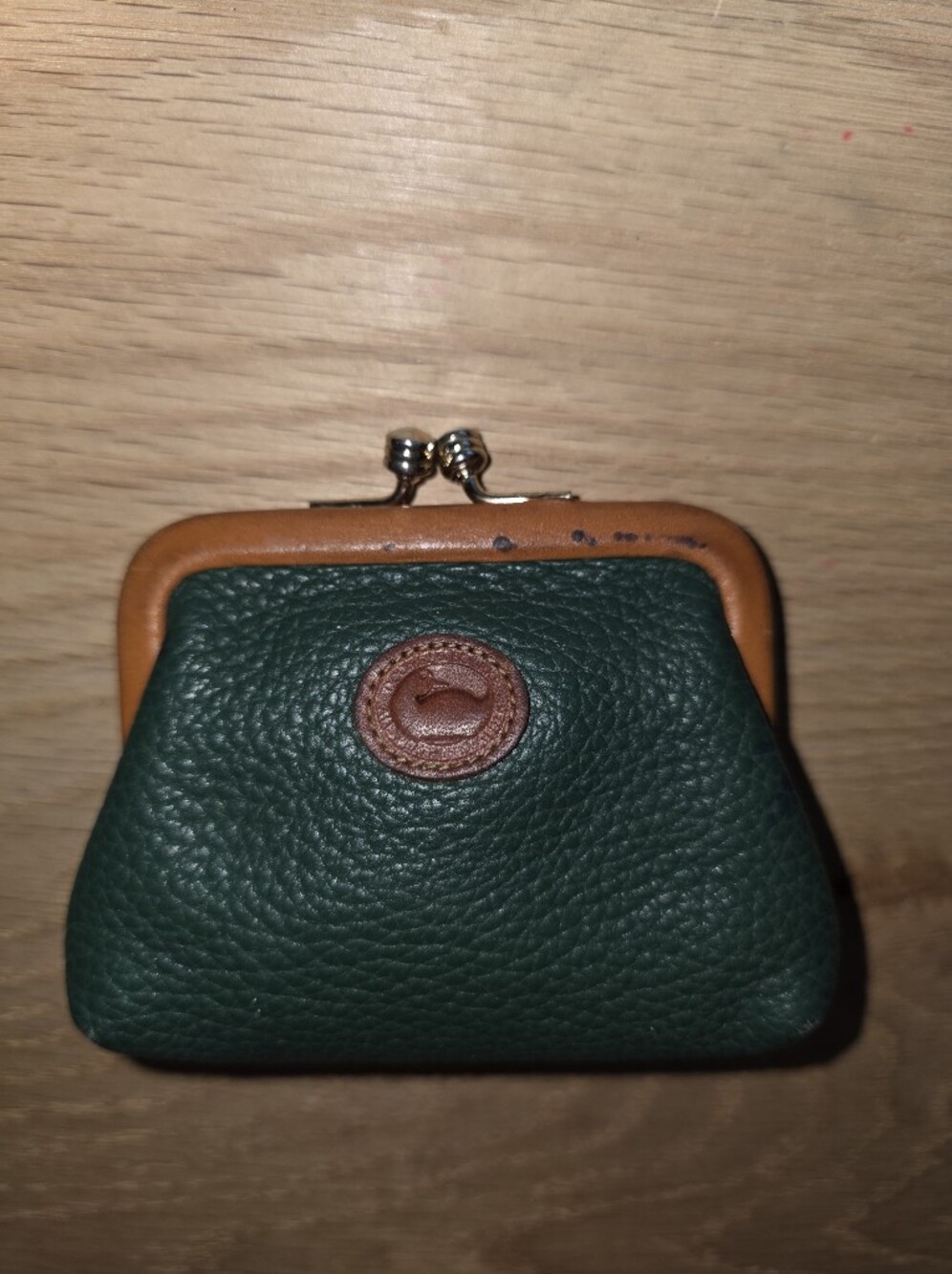Dooney & Bourke Green Pebbled Leather Coin Purse with Tan Trim